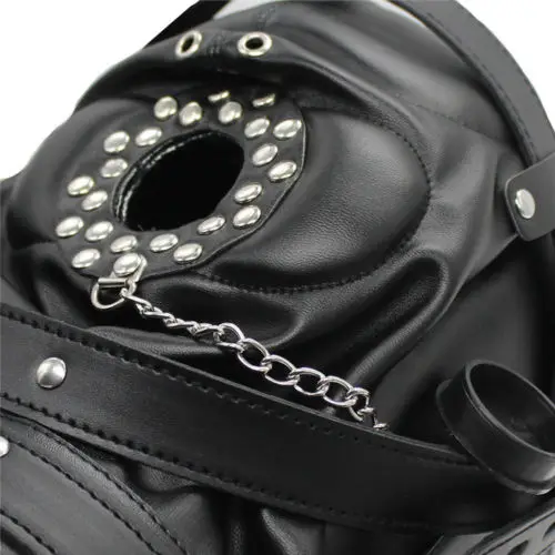 BDSM Bondage Headgear PU Leather Lockable Hood Mask with Openable Mouth Gag Funnel Sensory Deprivation Head Hood Sex Toy