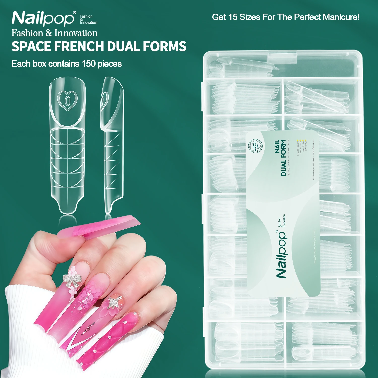 

Nailpop Space French Dual Forms 15 Sizes Clear Reusable Dual System Molds for Gel Nail Art Professional Salon Home DIY 60/150pcs