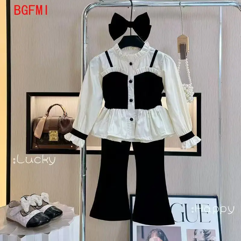 2-10Y Costumes for Girls Spring Autumn Suit 2026 New Children's Long Sleeve Fashionable Shirt Fake Two Piece+Pants 2-piece Set