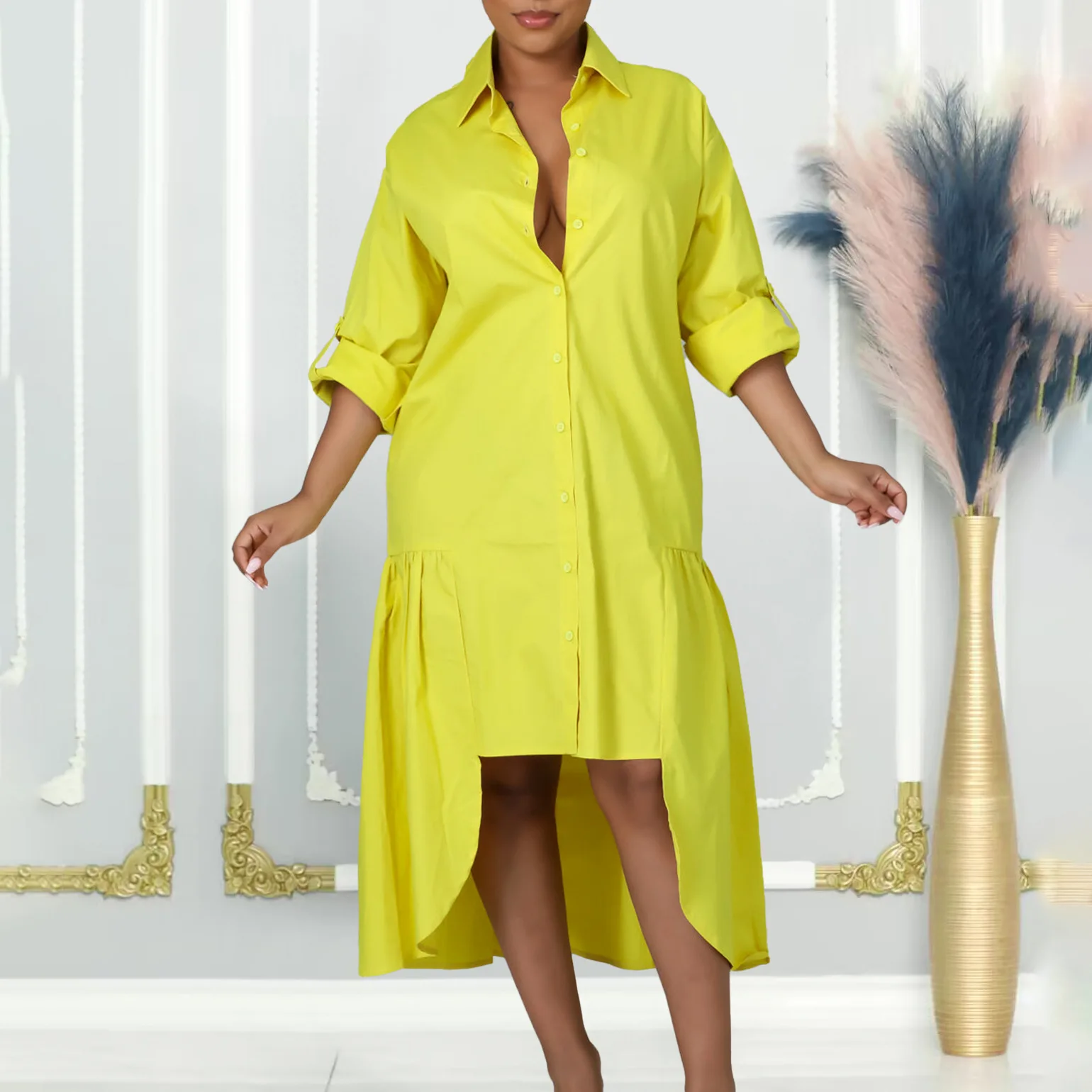 C8581 Summer New Fashion Loose Long-sleeve Irregular Mid-length Dress Solid Color Plus Size Dress Wedding Dress Clothing Elegant