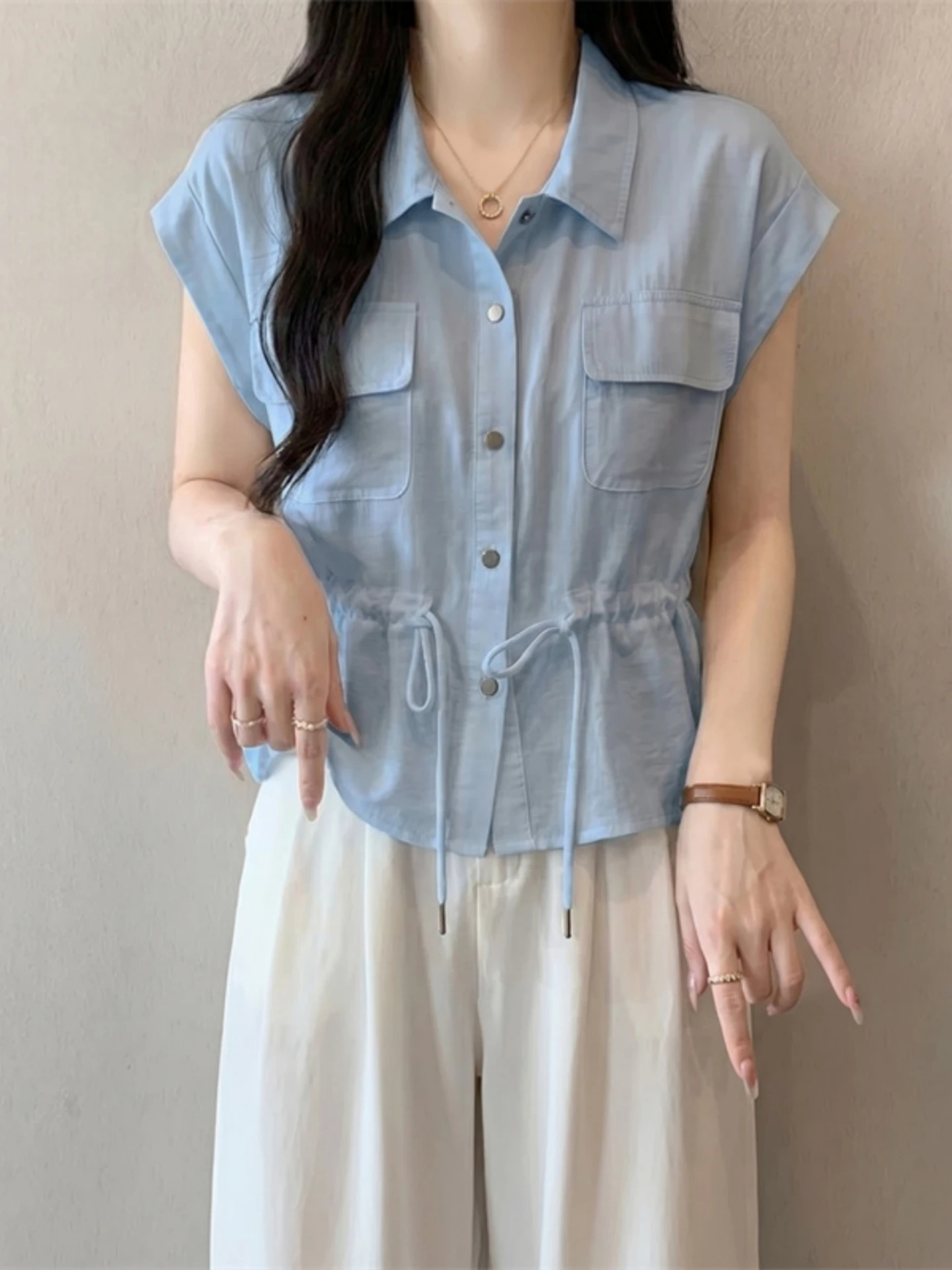 Women's Short Sleeve Shirt Double Pocket Drawstring Base Layer Workwear Slimming Design Summer 2026 plus Size Fashion