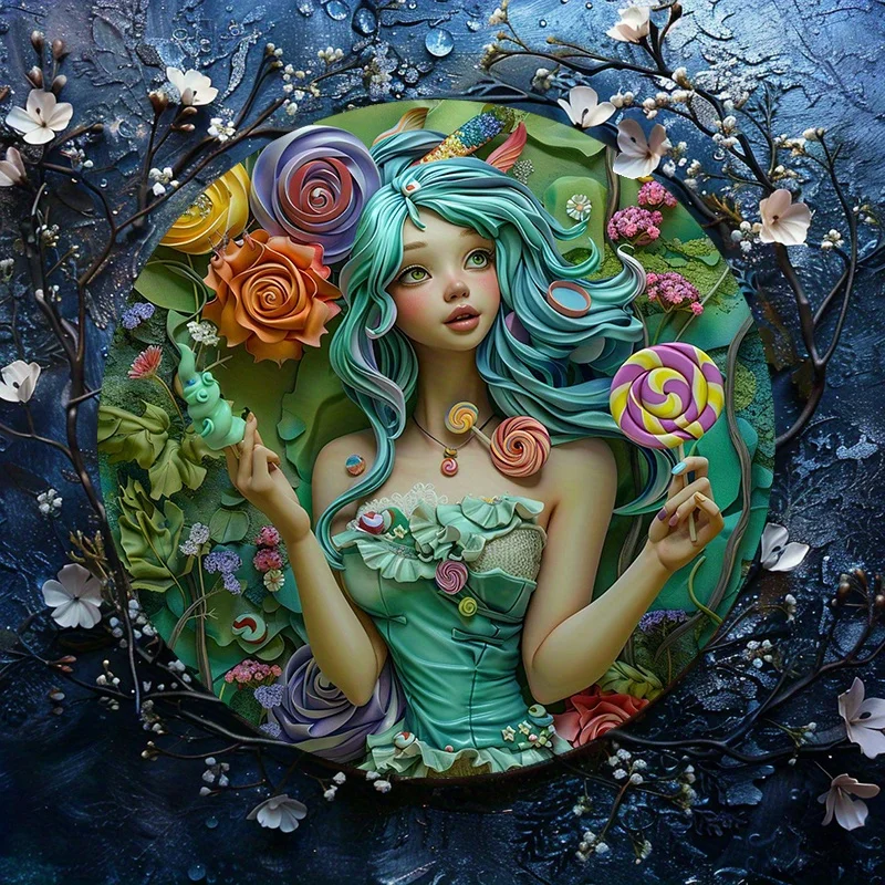 

Aluminum Metal Sign, Beautiful Candy Fairy with Blue Hair and Lollipops, Waterproof, Weather-Resistant Decorative Wall Poster
