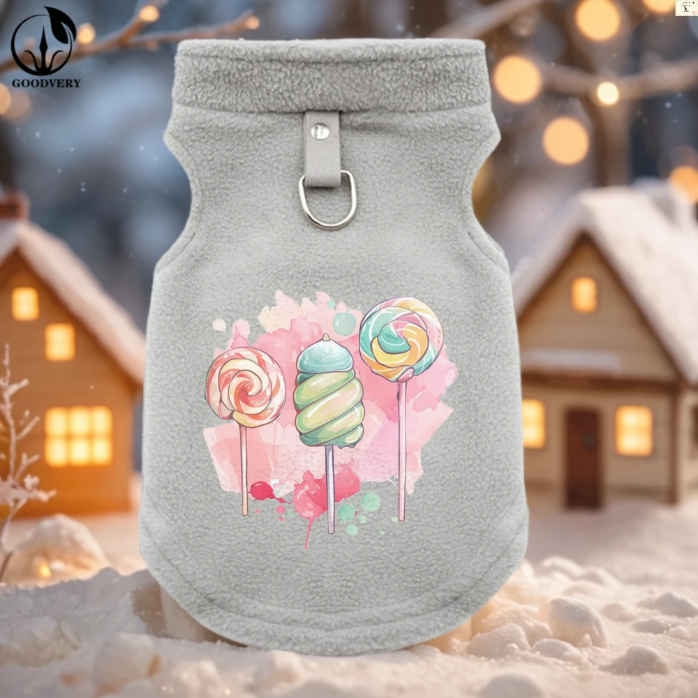 Weiche Winter-Fleece-Kleidung mit Cartoon-Lollipop-Aufdruck für Haustiere, modischer und bequemer Katzenpullover für kleine Haustiere, Rassen