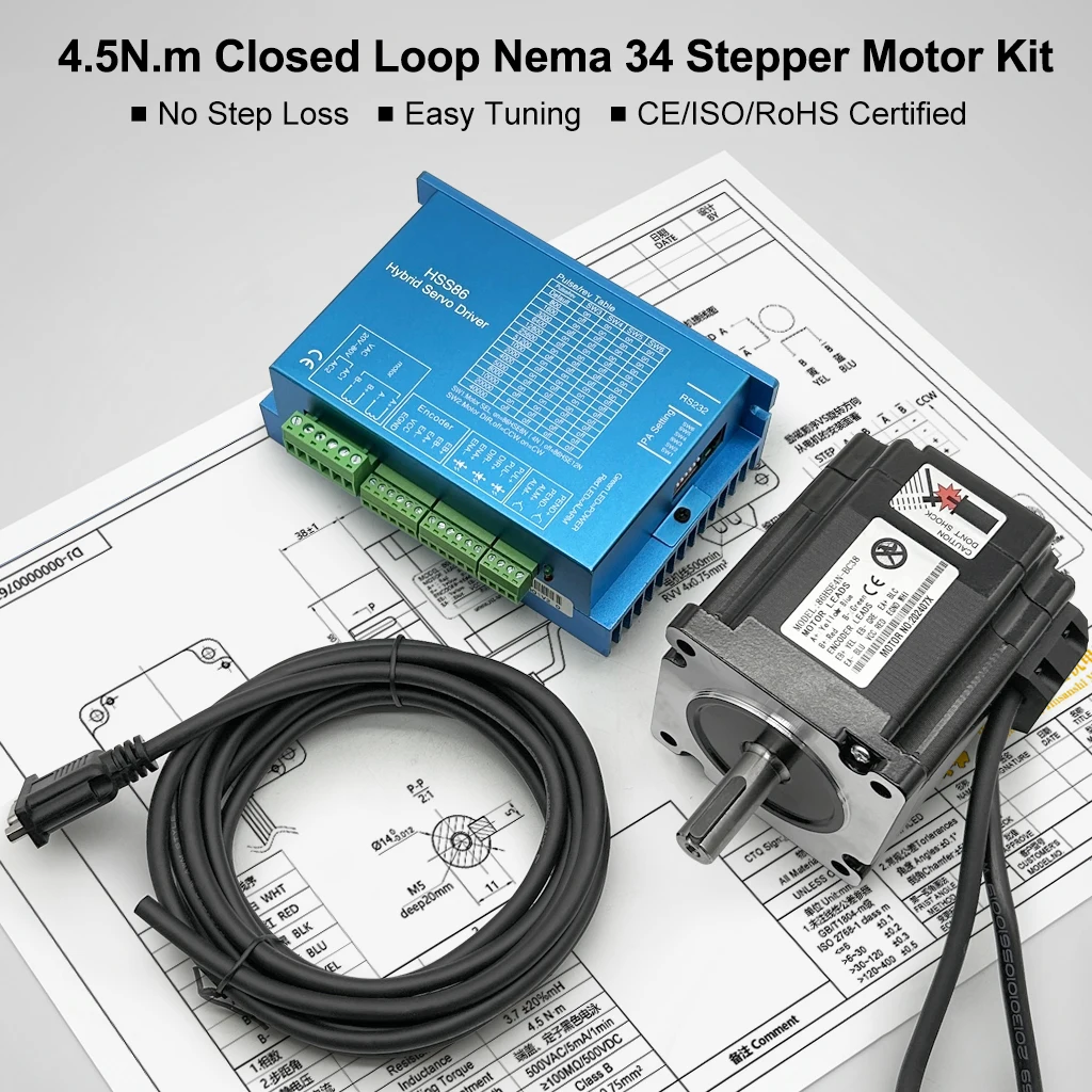 NEMA 34 Closed Loop Stepper Motor Kit 4.5N.m (637oz-in) with Hybrid Servo Driver & Cable for for CNC Router, 3D Printer