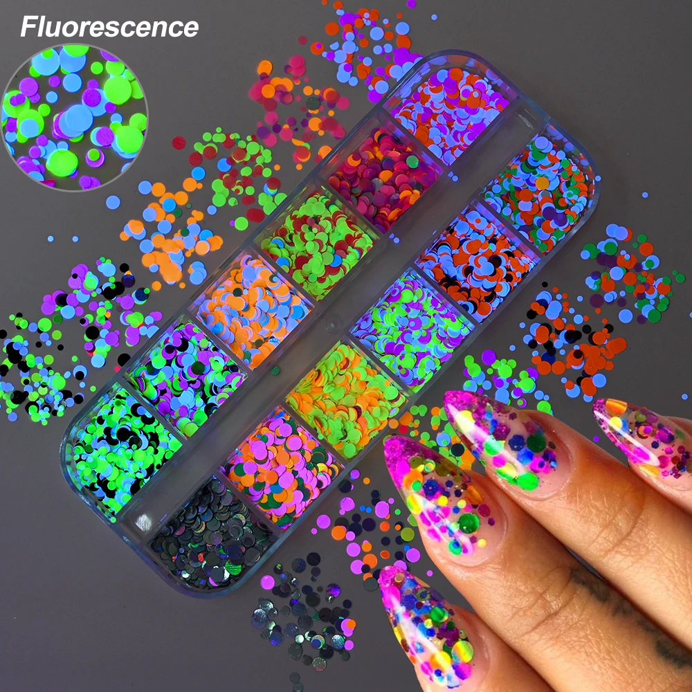 12Grids/Box Mixed Confetti Round Dot Paillette Nail Charms Butterfly & Round Shapes Y2K Flake Sequins Multicolor Nail Decoration