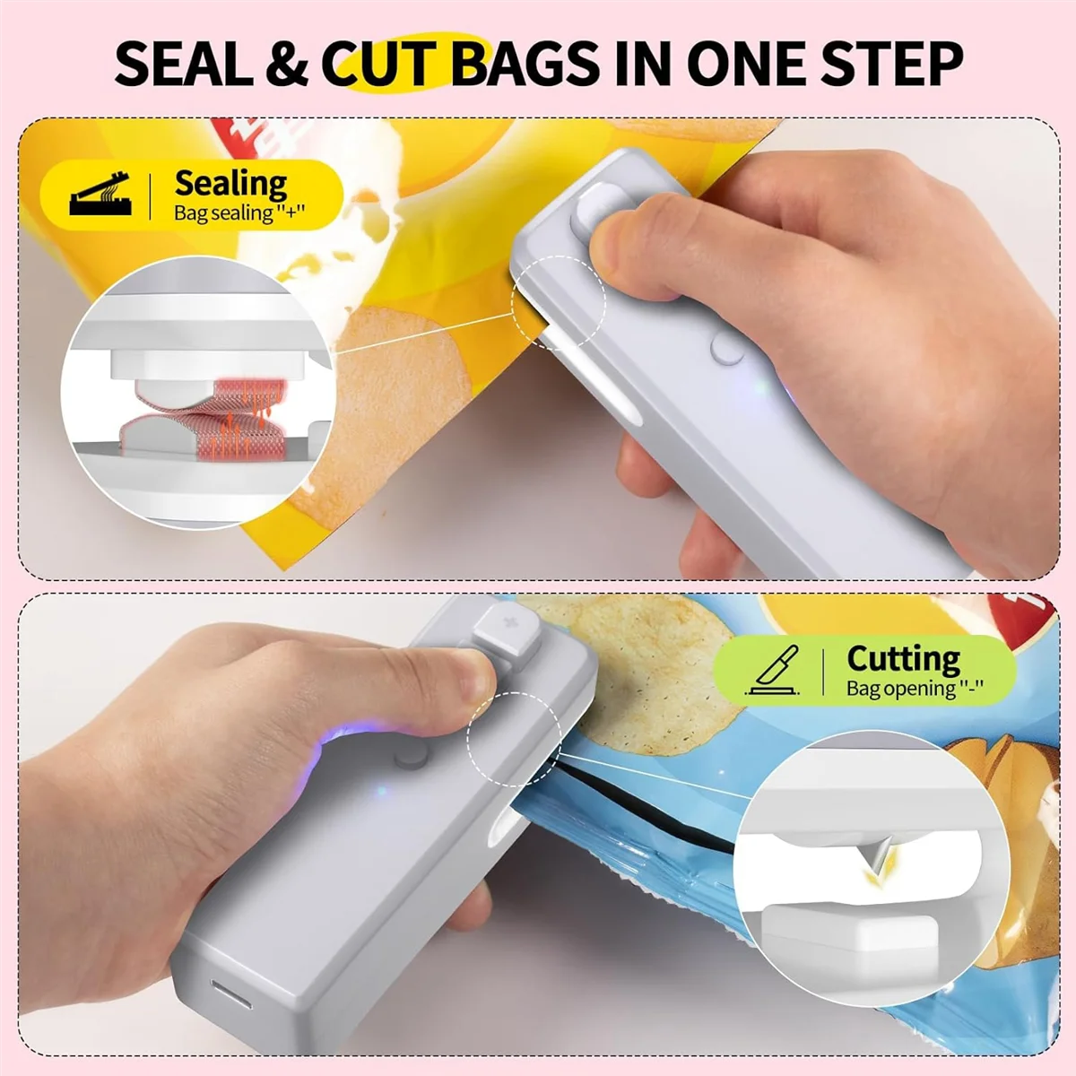 Bag Sealer , 3 in 1 Mini Bag Sealer Heat Seal with Cutter & Magnet,Rechargeable Mini Chip Bag Vacuum Sealer Machine Grey