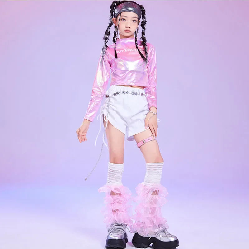Mädchen K-pop Shiny Crop Top Street Dance Shorts Kinder Hip Hop Jazz Hot Pants Kleidung Sets Kinder Streetwear Mädchen gruppe Kostüm