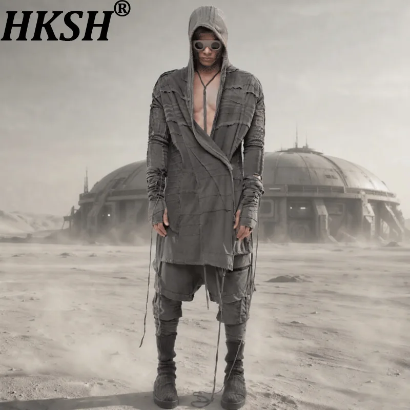 HKSH Spring Autumn New Men Tide Chic Ins Dark Punk Vintage Waste Land Asymmetrical Pleated Cotton Draped Hooded T-shirt HK28482