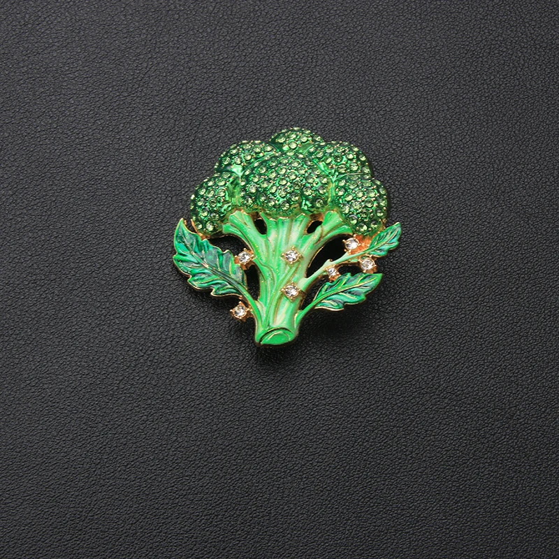 Vintage Broccoli Brooch for Women Green Enamel Rhinestone Vegetable Lapel Pin Alloy Food Theme Brooch Jewelry