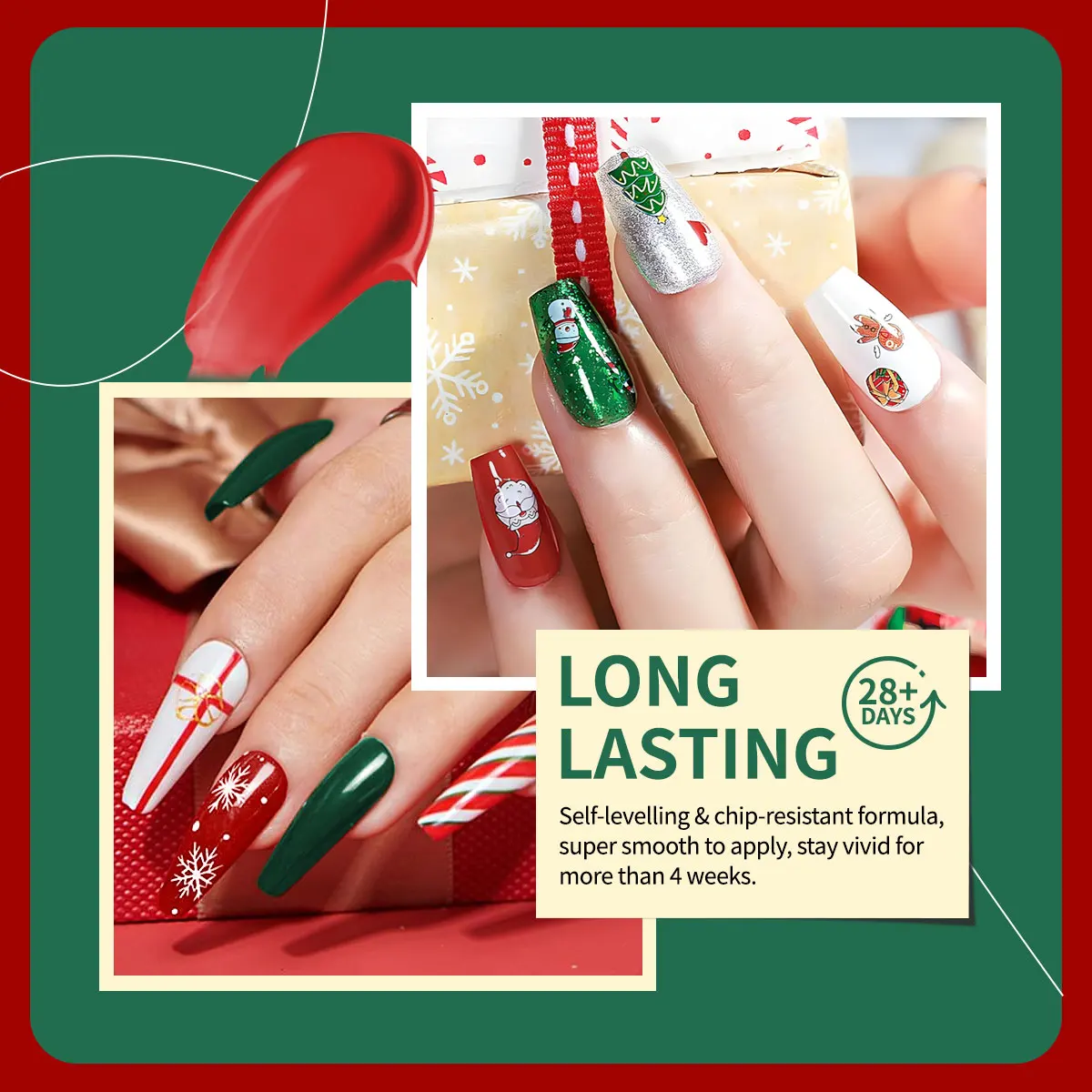 مجموعة Yuguce 6 قطع/صندوق لعيد الميلاد من سلسلة فن الأظافر، أخضر/أحمر/ذهبي/فضي، 0.24 أونصة لكل زجاجة، حجم زجاجة صغيرة، فن صالون الأظافر لأطراف الأصابع، مناسبة كصندوق هدايا للفتيات خلال العطلات، فن أظافر عيد الميلاد