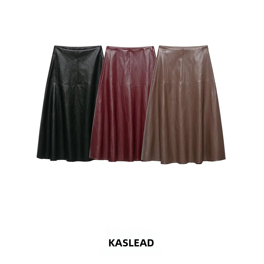 KASLEAD New Women's Leather Effect Midi Skirt Layered Decoration A-Line Loose Fit Polyester Fiber mid Waist Skirt