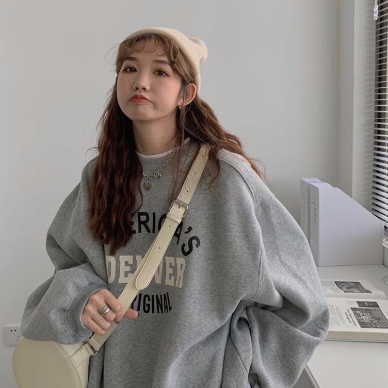 Felpa con cappuccio stampata in fibra di poliestere comoda da donna Lazy Sle retrò coreana ampia e lunga