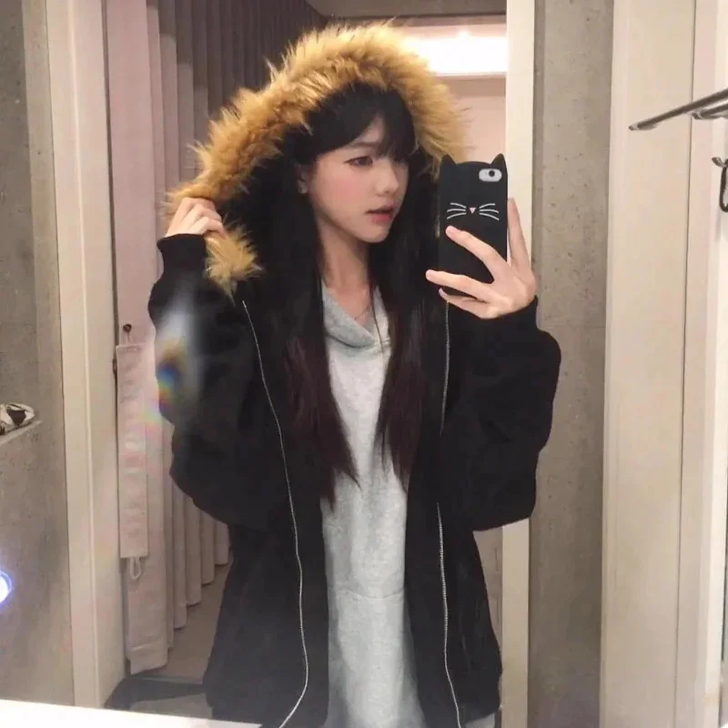 Korean Vintage Women Black Zip Up Hoodies Loose Preppy Style Faux Fur Coats Autumn Winter Harajuku Oversized Casual Sweatshirt