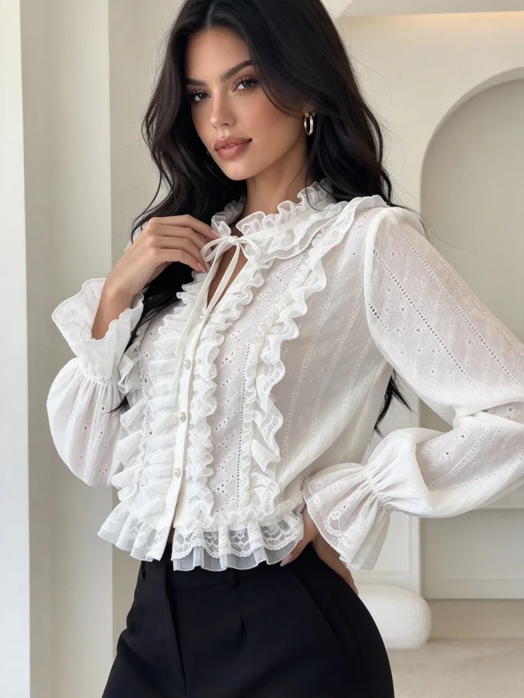 New Chic Ruffles Lace Splice Long Sleeve Women Shirts Office Lady Elegant Single Breasted Blouse Spring Autumn Slim Chic Tops