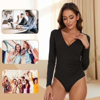 Women's Long Sleeve Shapewear Sexy Deep V  Body Shaper Ribbed Cross Tight Bodysuit Tummy Control Slimming Abdomen Corset 6
