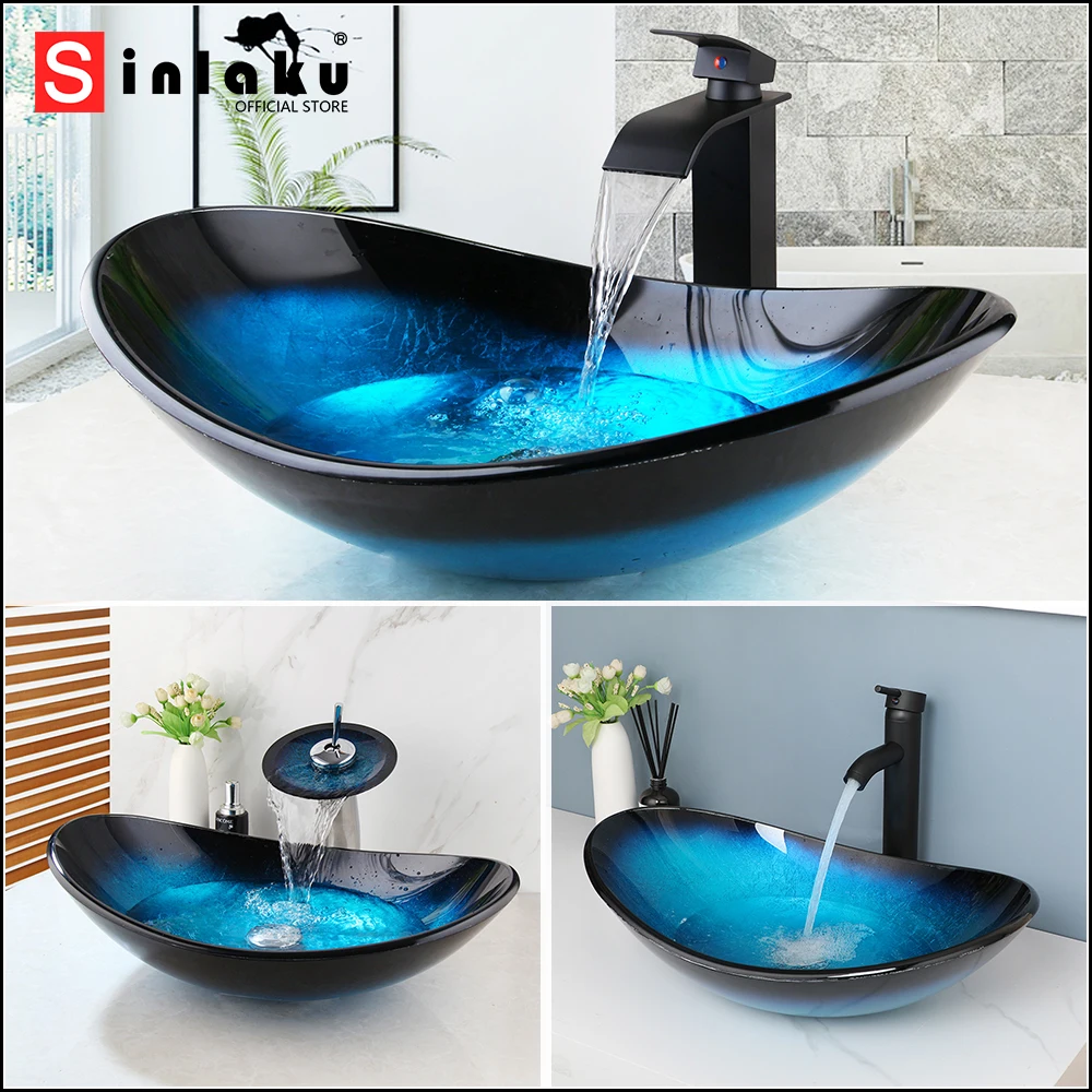 SINLAKU Oval Shape Tempered Glass Vessel Sink Set Matte Black Waterfall Faucet  Above Counter Bathroom Art Basin w/ Pop-up Combo