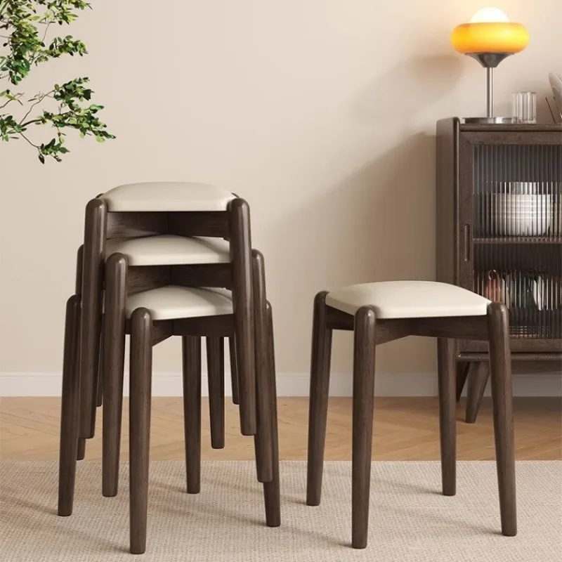Solid wood stool household dining room dining table stool bedroom makeup stool can be stacked soft bag squarestool leisure bench