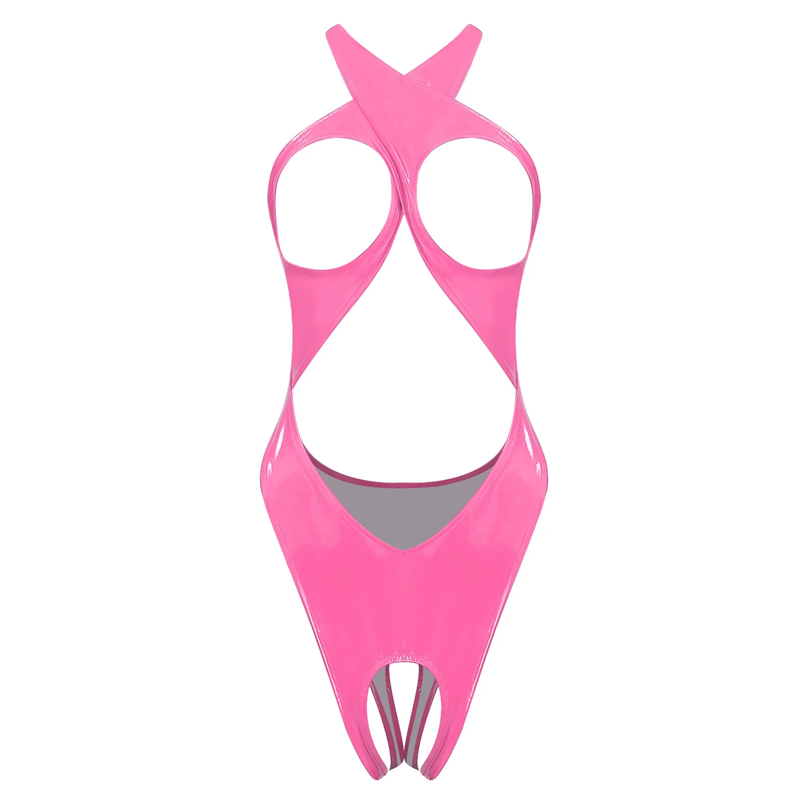 

Womens Wet Look PU Leather Lingerie Bodysuit Cutout Cups Open Crotch Backless One-piece Leotard Tempting Nightwear Sleepwear