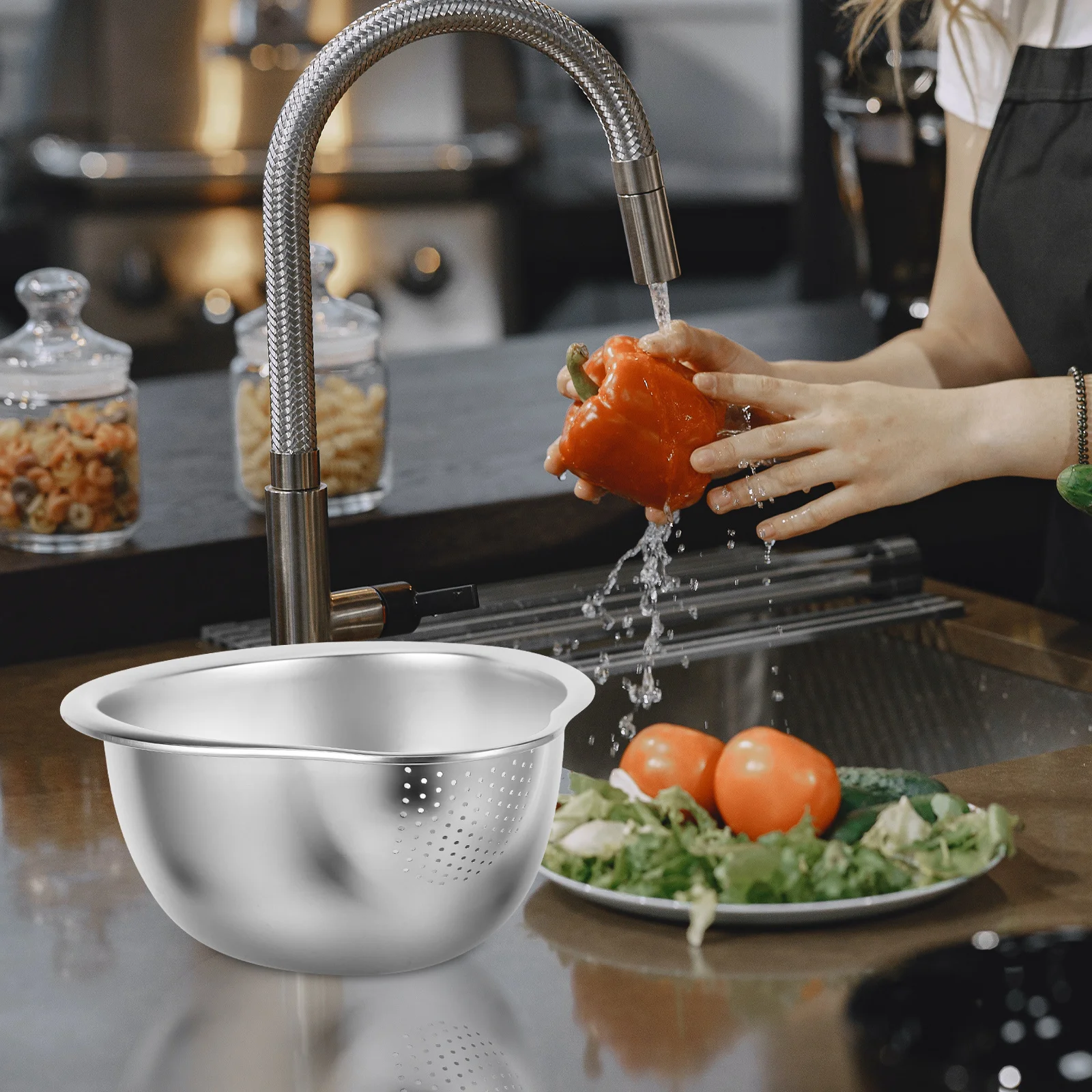 

1pcs Stainless Steel Washing Basket Vegetable Fruit Drainer Strainer Kitchen Colander Fine Mesh For Rice Food Drainage