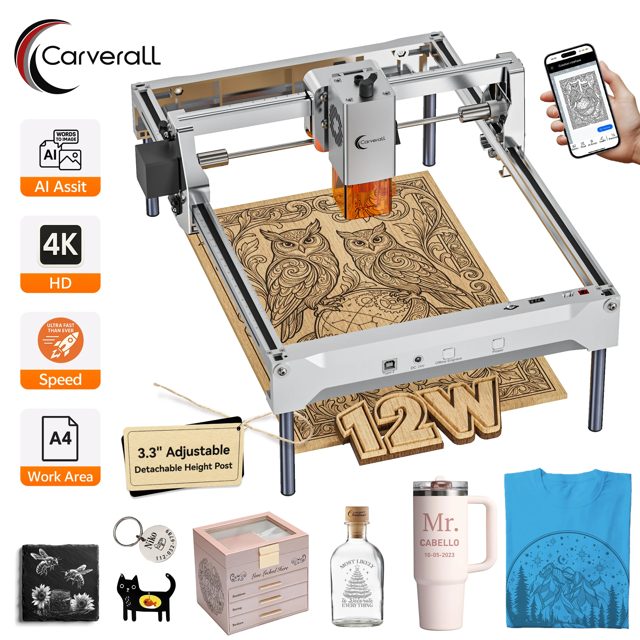 Carverall Laser Engraving Machine K15 PRO, 7W 12W Optical Power, Diode Laser CNC Machine, 600mm/s, Support LightBurn, Lazer Tool