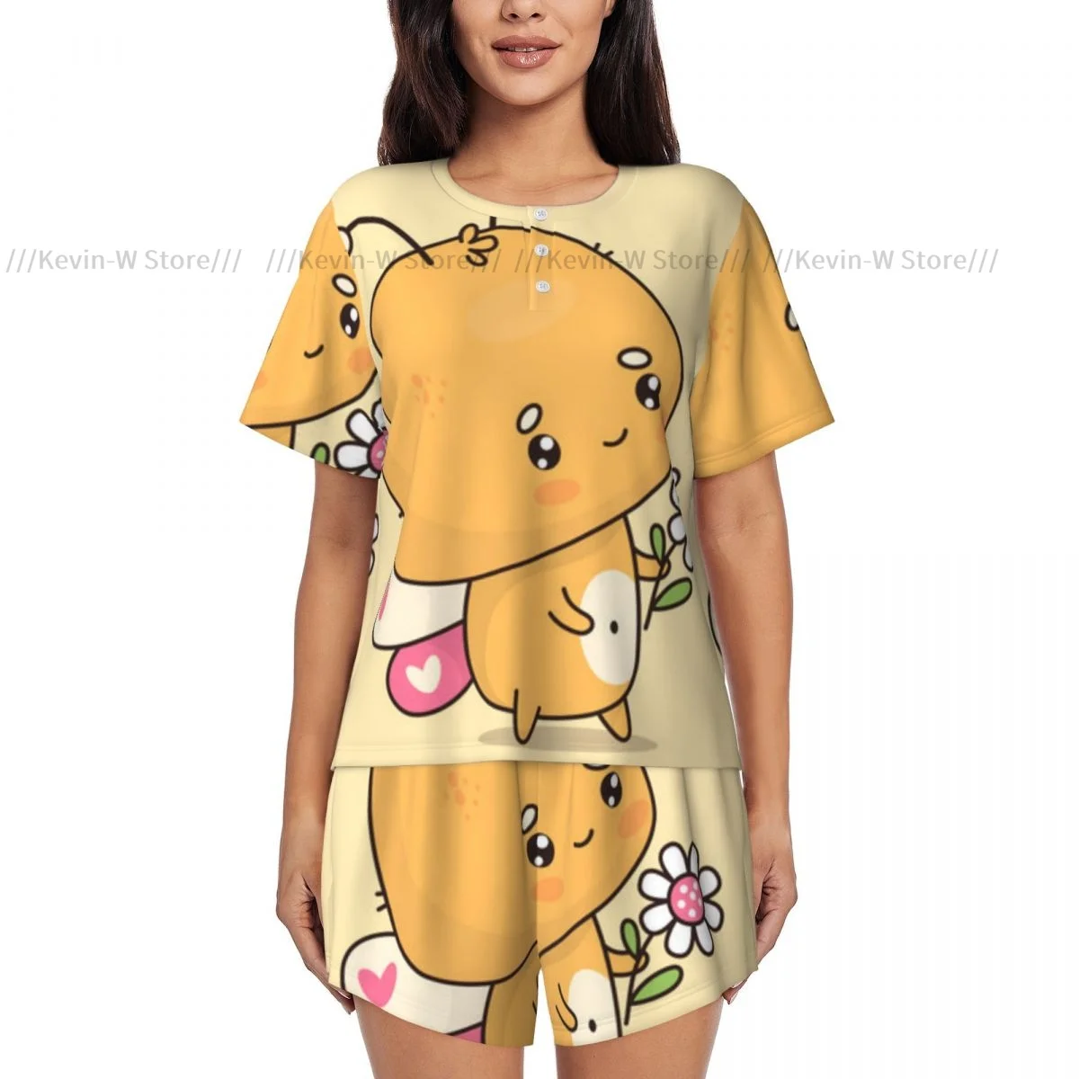 Women Pajamas Set Cute Butterfly With Daisy Flower Homewear Two-Piece Short-Sleeved Short