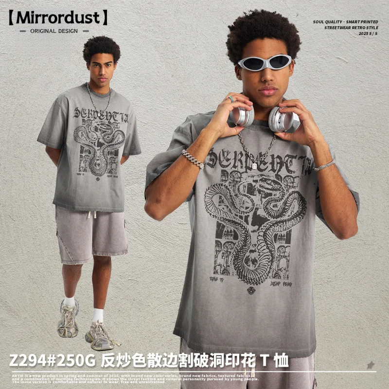 

【Mirrordust】25Новая винтажная мужская модная свободная винтажная футболка с принтом и вырезами по краям