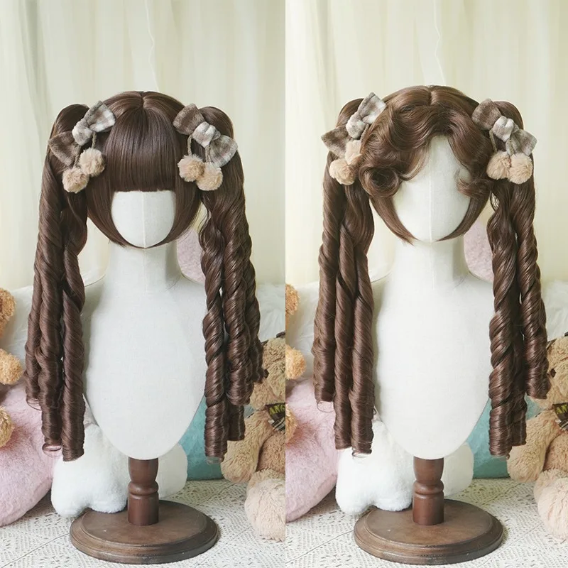 Synthetic Lolita Wig With Long Roman Roll Ponytail Short Bob Wig Lolita Cosplay Party Harajuku Blonde Wig With Bangs for Women
