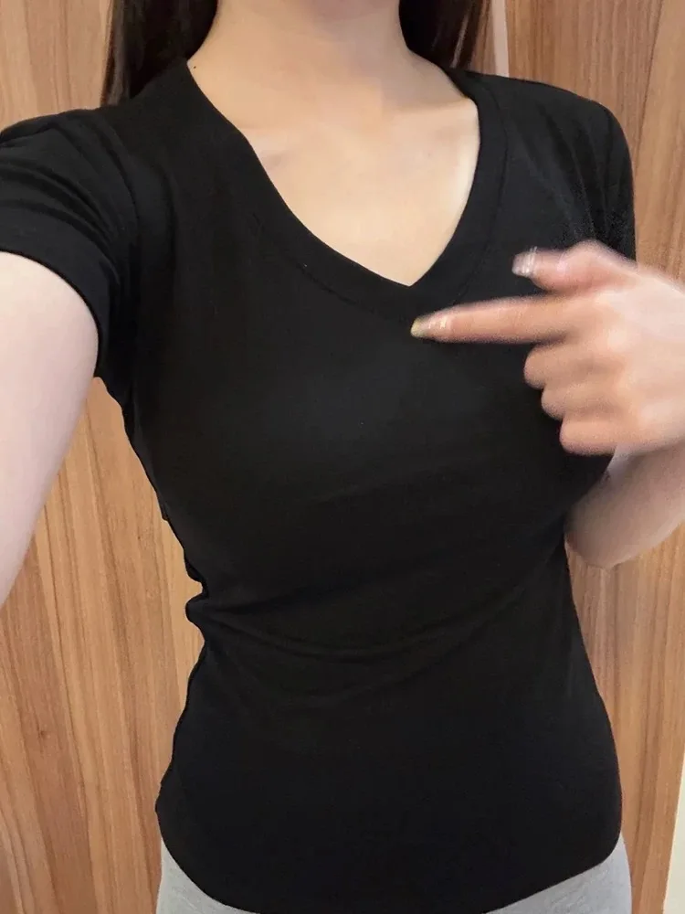 Black V-Neck Short Sleeve Slim Fit T-Shirt Women's Summer Low Cut Bone Exposure Top plus Size Conceal Meat Show Thin