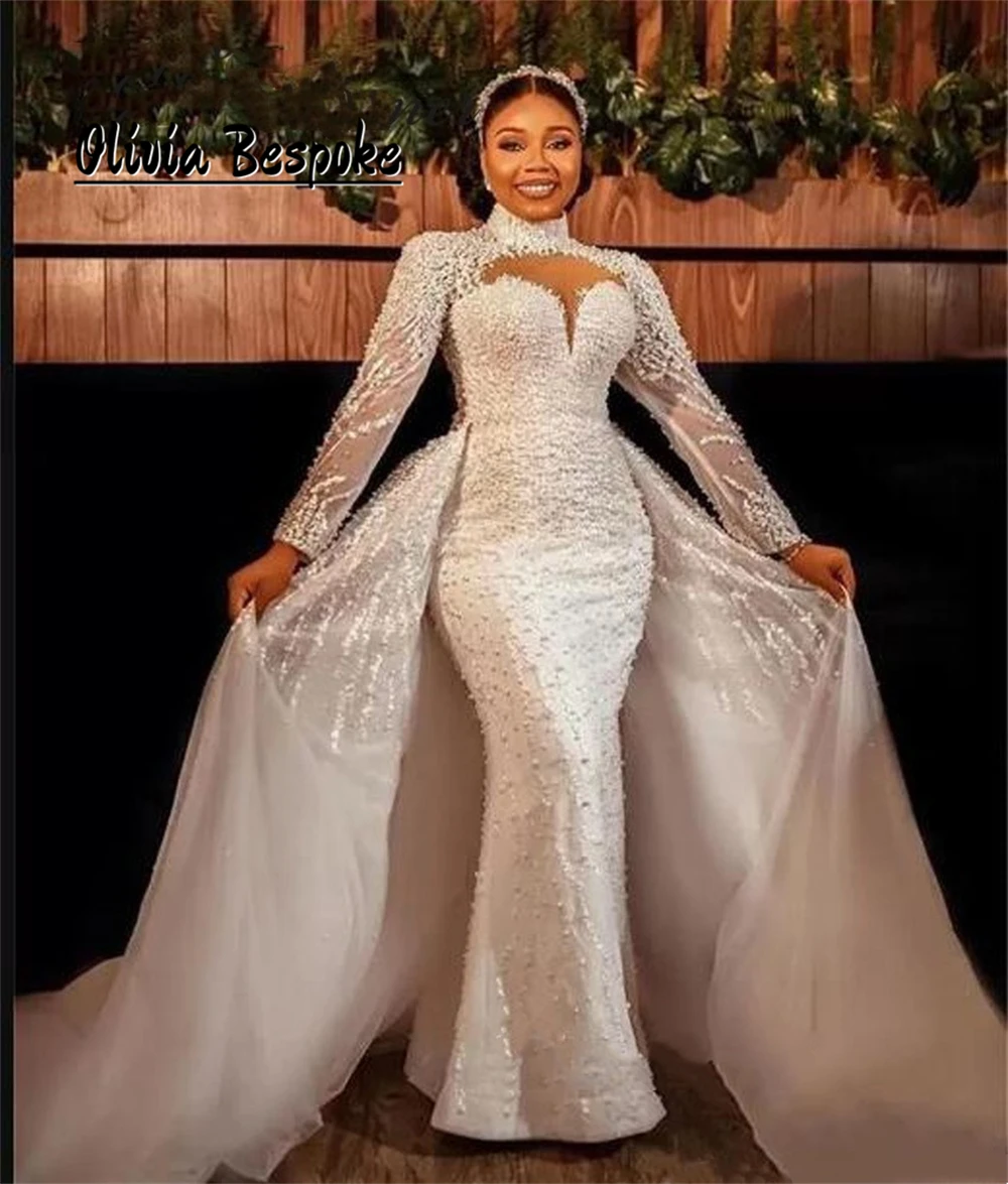 

Appealing Beads Aso Ebi Wedding Dresses With Detachable Tain Long Sleeves Mermaid Engagement Gown Luxury 2025 African Customized