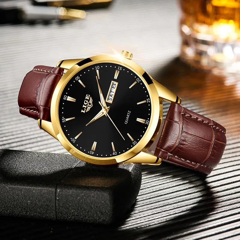 LIGE Fashion Watches Men Top Brand Luxury Quartz Watch Men Leather Strap Waterproof Business Casual Men Wristwatches Clock