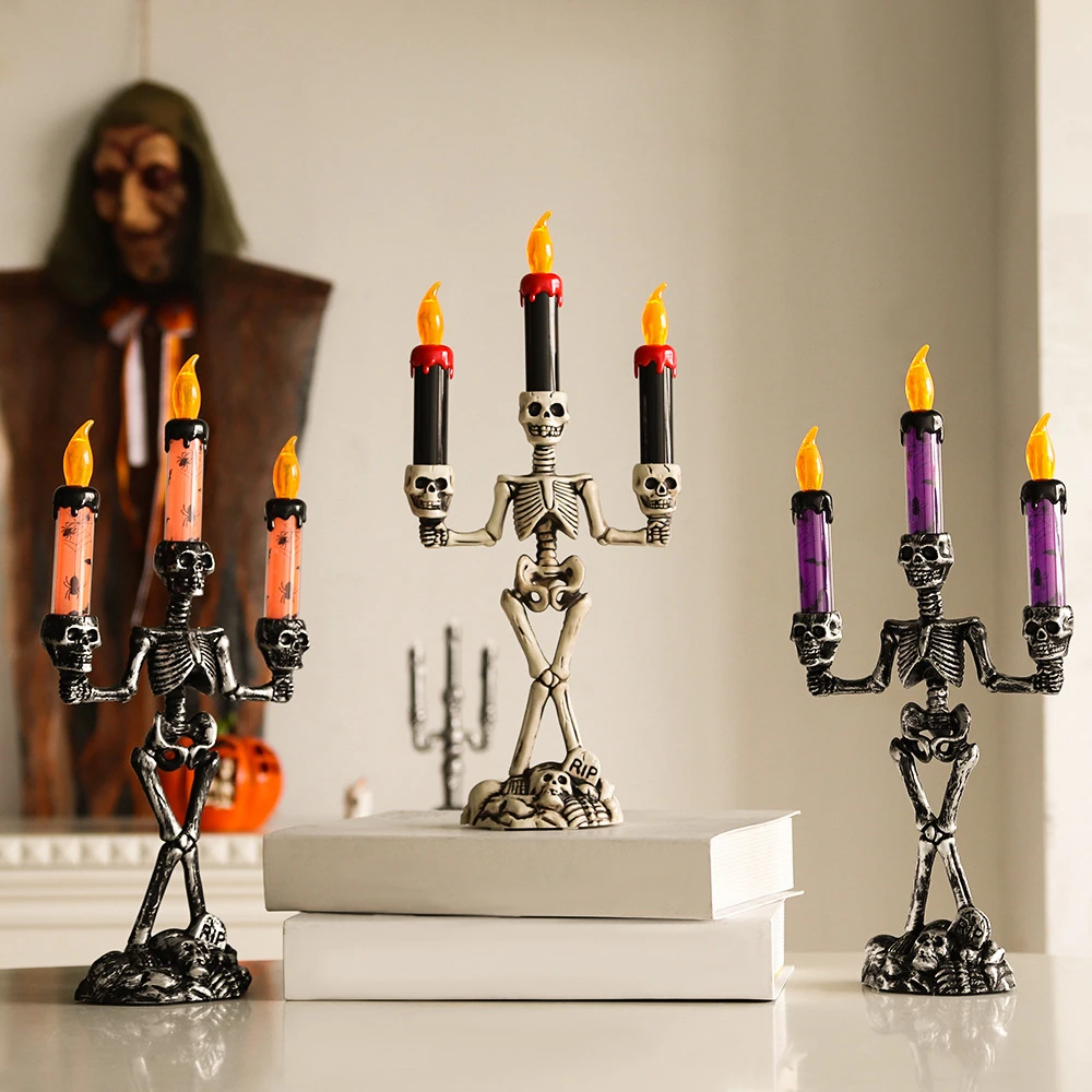 Skull Candlestick LED Halloween candle holders Flameless Candles Holder Stand Horror Props Halloween Decoration House Decor
