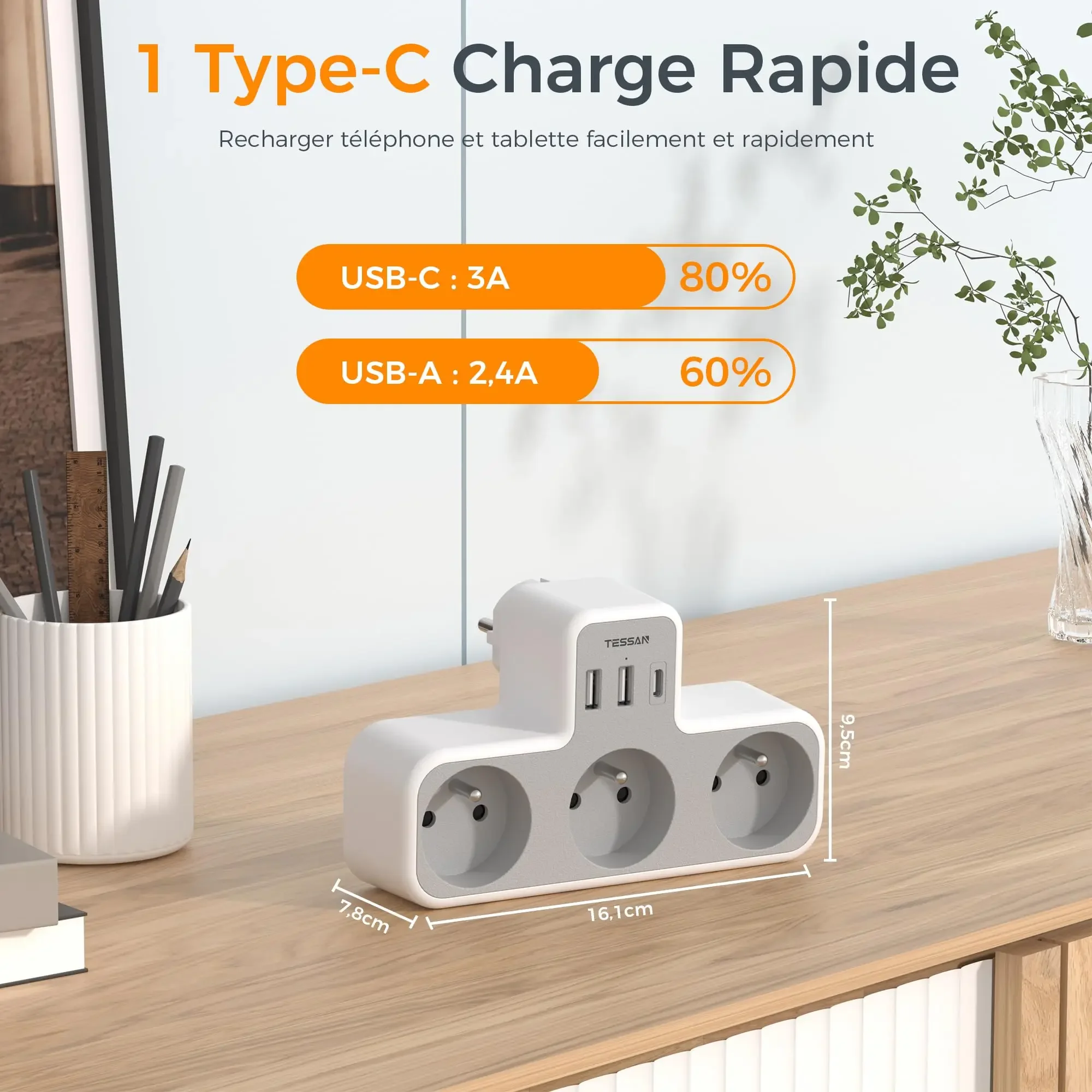 TESSAN FR to EU Plug Power Strip with 3 USB (1 USB C) & 3 French Outlets Multi Socket Power Adapter with Overload Protection