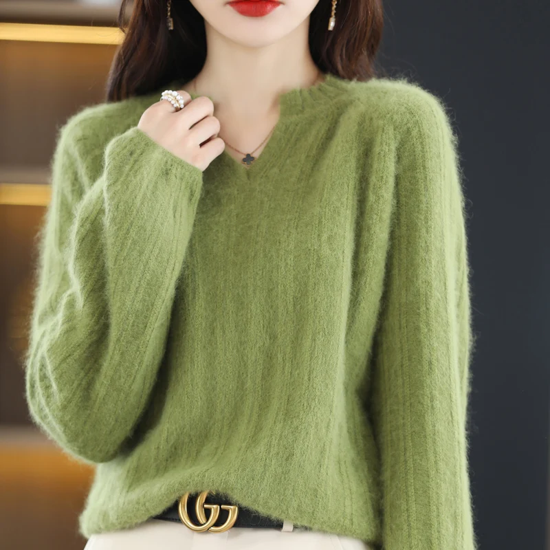 100% Mink Cashmere Soft Lantern Sleeve Sweater Women V-neck Pullover Casual Knit Autumn Winter Warm Solid Color Loose Top