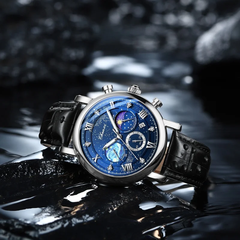 CHENghts-Montre à Quartz Élégante pour Homme, Chronographe Shoous Phase de Lune, Calendrier, Bracelet en Cuir, Étanche, Mode, 972