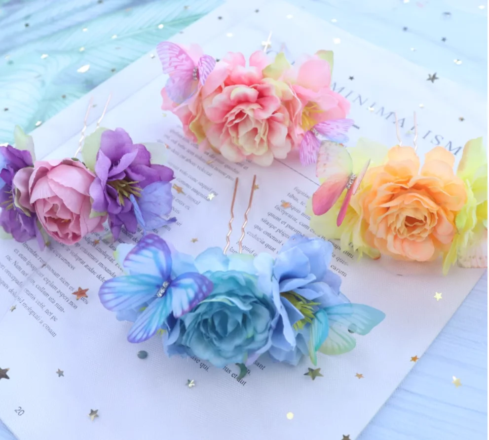 Hair accessories original flower butterfly hair crown costume performance hairpin silk flower Hanfu headdress