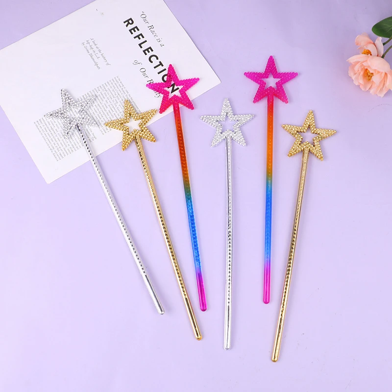 1pc Fairy Wand 13 Inches Golden Silver Angel Star Wand Five-Pointed Star Plastic Princess Fairy Cane For Girls Stage