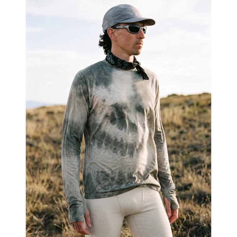 Men's New Zealand Merino Wool Tie-Dye Long Sleeve Base Layer – Soft Anti-Odor Outdoor Thermal Top for Hiking & Running