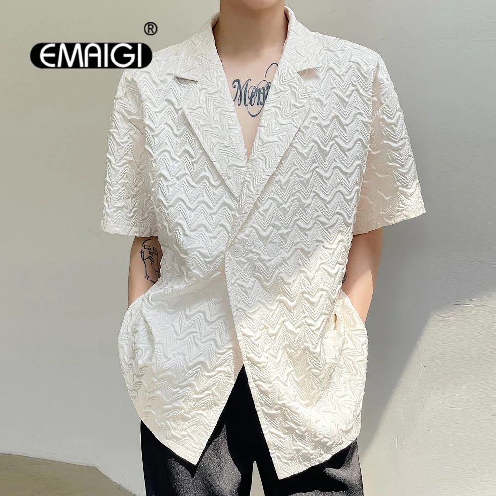 

Men's Pleated Embossed Fabric Loose Casual Short Sleeve Suit Style Shirts Tops Male Streetwear Vintage Fashion Shirt