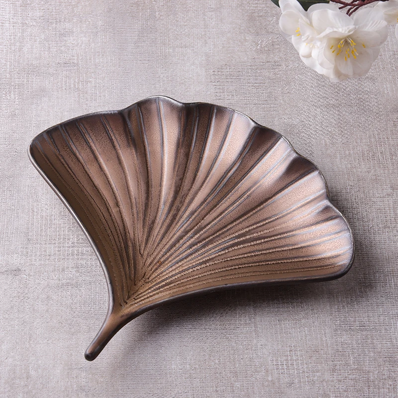 

Handmade Ceramic Silver Maple Leaf Dinnerware Set Vintage Japanese Style Glazed Metal Roast Meat Dish Irregular Shaped Plate