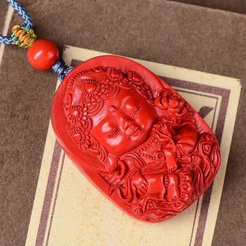 Extremely Beautiful High-Content Natural Red Sand Green Tara Carved Pendant