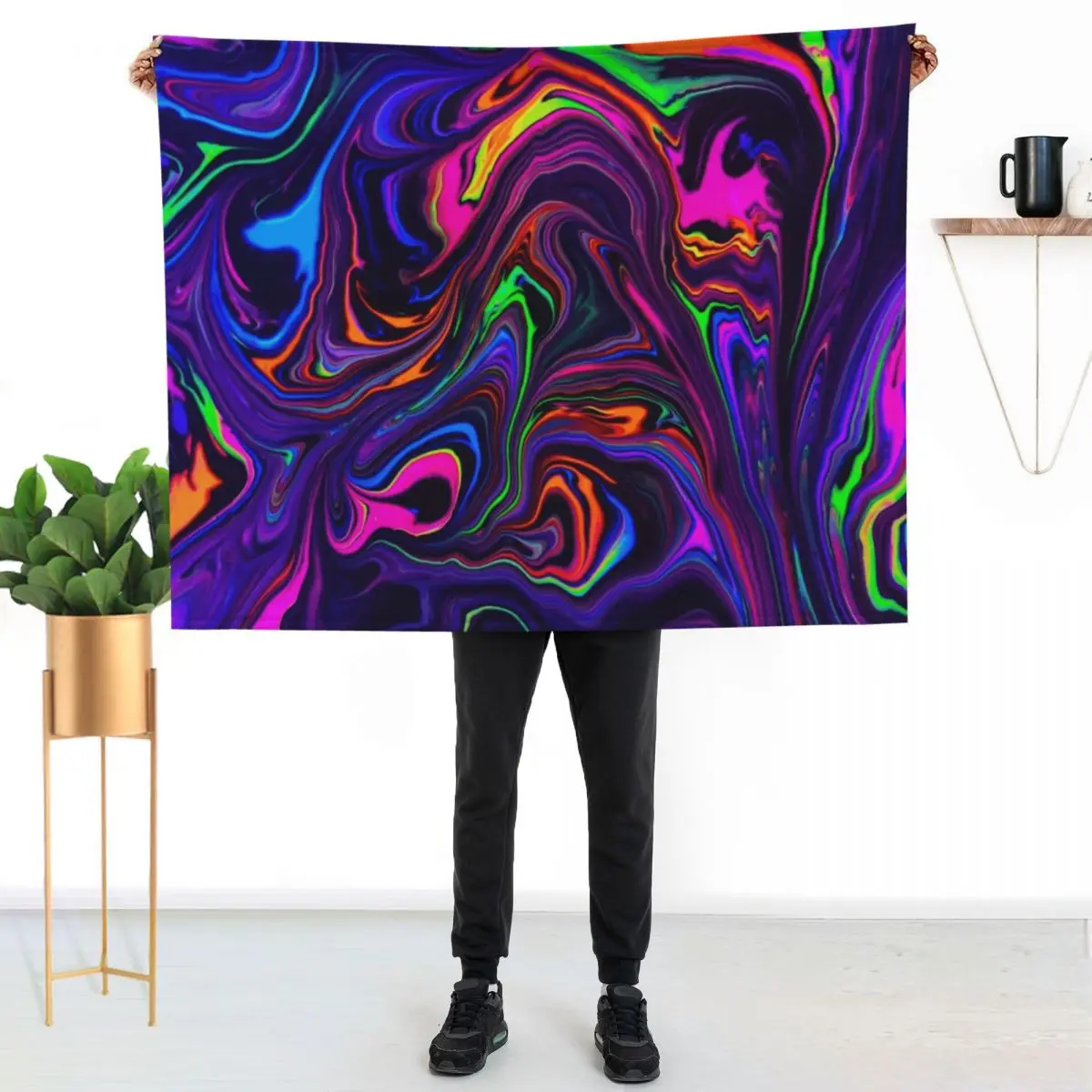 Neon Space Waves Throw Blanket Summer Cool Breathable Blanket for Sleeping