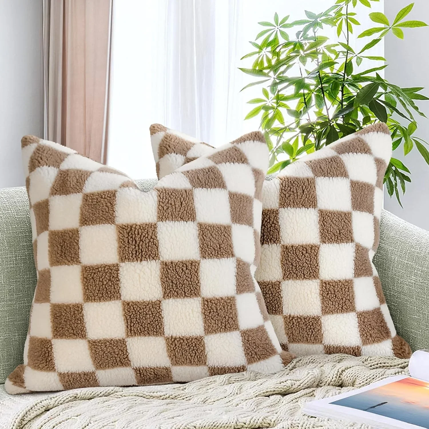 45CM Checkerboard Decor Throw Pillow Cover Soft Faux Fur Wool Khaki Chessboard Pattern Cushion Cover for Sofa Bedroom Home Decor