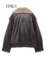 TFMLN 2025 Winter Women Loose Faux Leather Jacket Fashion Removed Big Fur Collar Causal Coat High Street Double Breasted Outwear 4