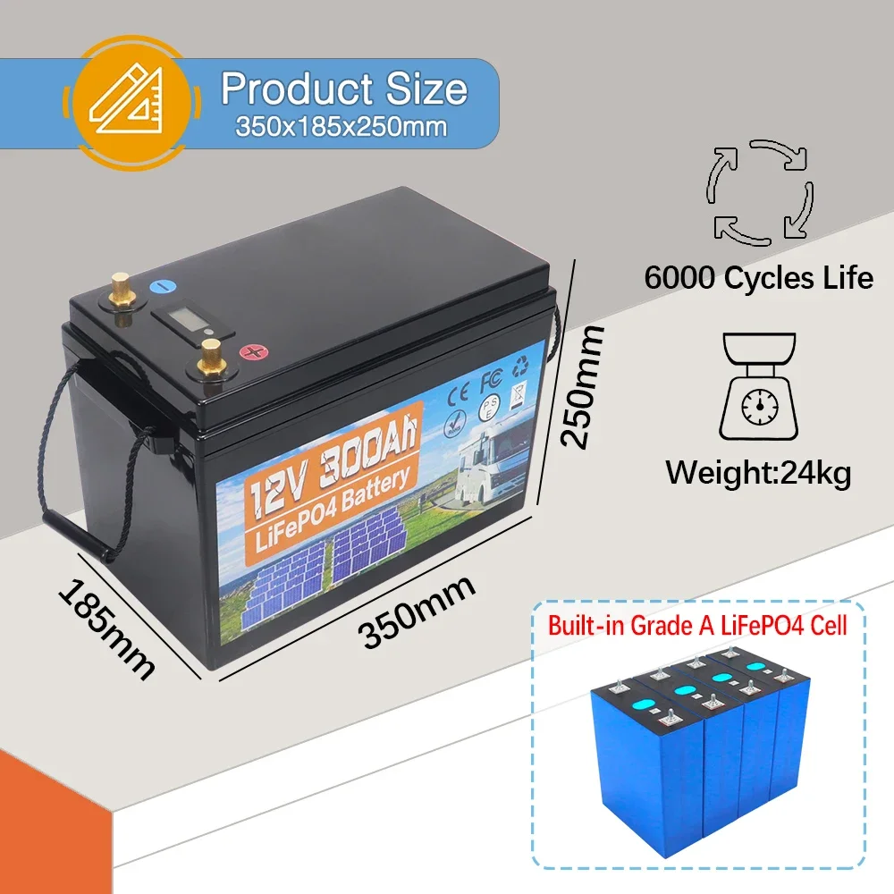 12V 300AH LiFePO4 Battery Built-in BMS Lithium Iron Phosphate Cell 6000 Cycles Life For Outdoor Camping Golf Cart Solar Tax Free