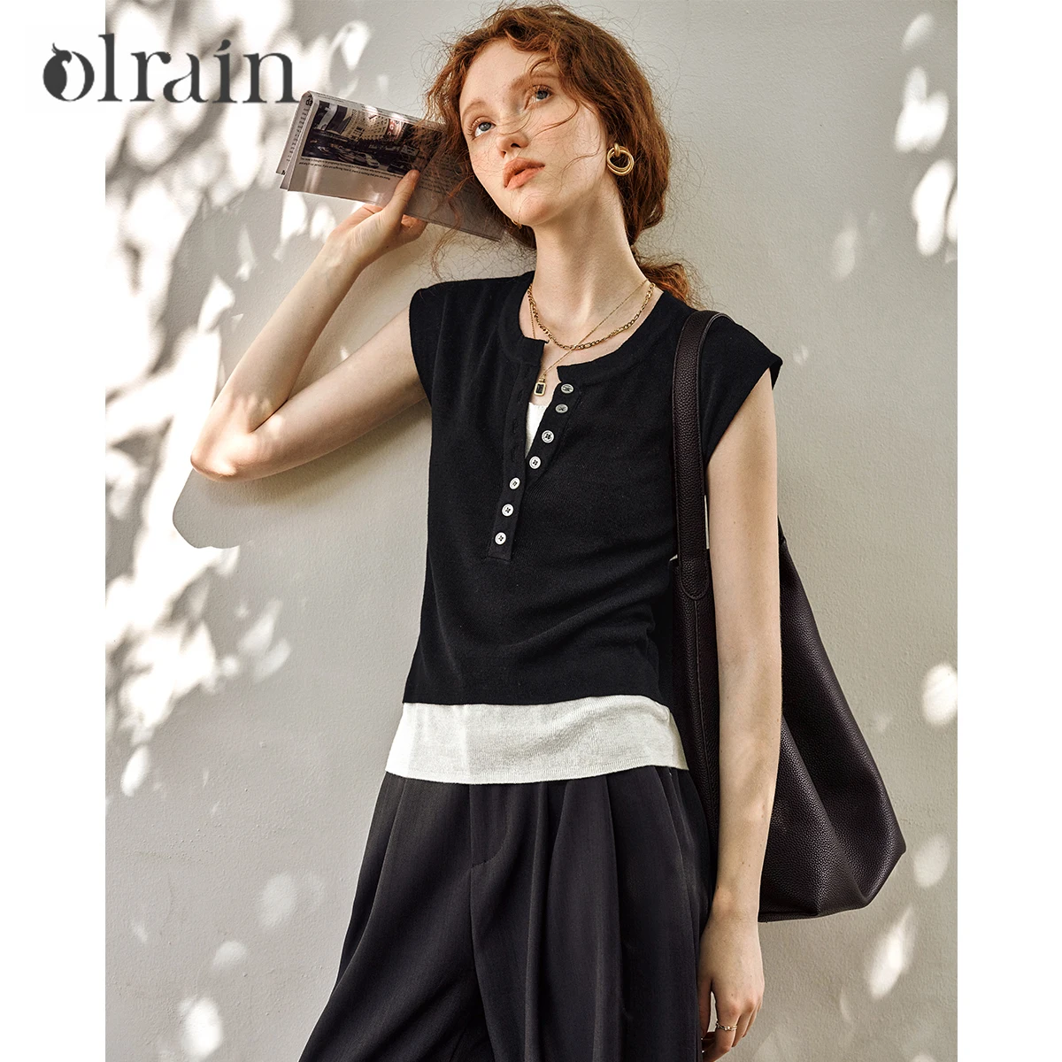 

OLrain Women Vest 2025 Summer Black Knitted Sweaters Fashion Casual Matching Patchwork 2 in 1 Vests Woman Clothing O57XZ96316