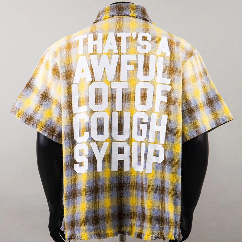 Streetwear That's A Awful Lot of Cough Syrup Short-Sleeved Checkered Pattern Shirt American High Street Retro Ruffled T-Shirt
