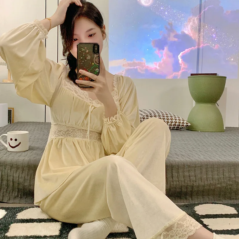 Elegant Ladies Sleepwear Set Casual Pijama Mujer V Neck Long Sleeve Pajamas Women Autumn Winter Gold Velvet Warm Home Clothes