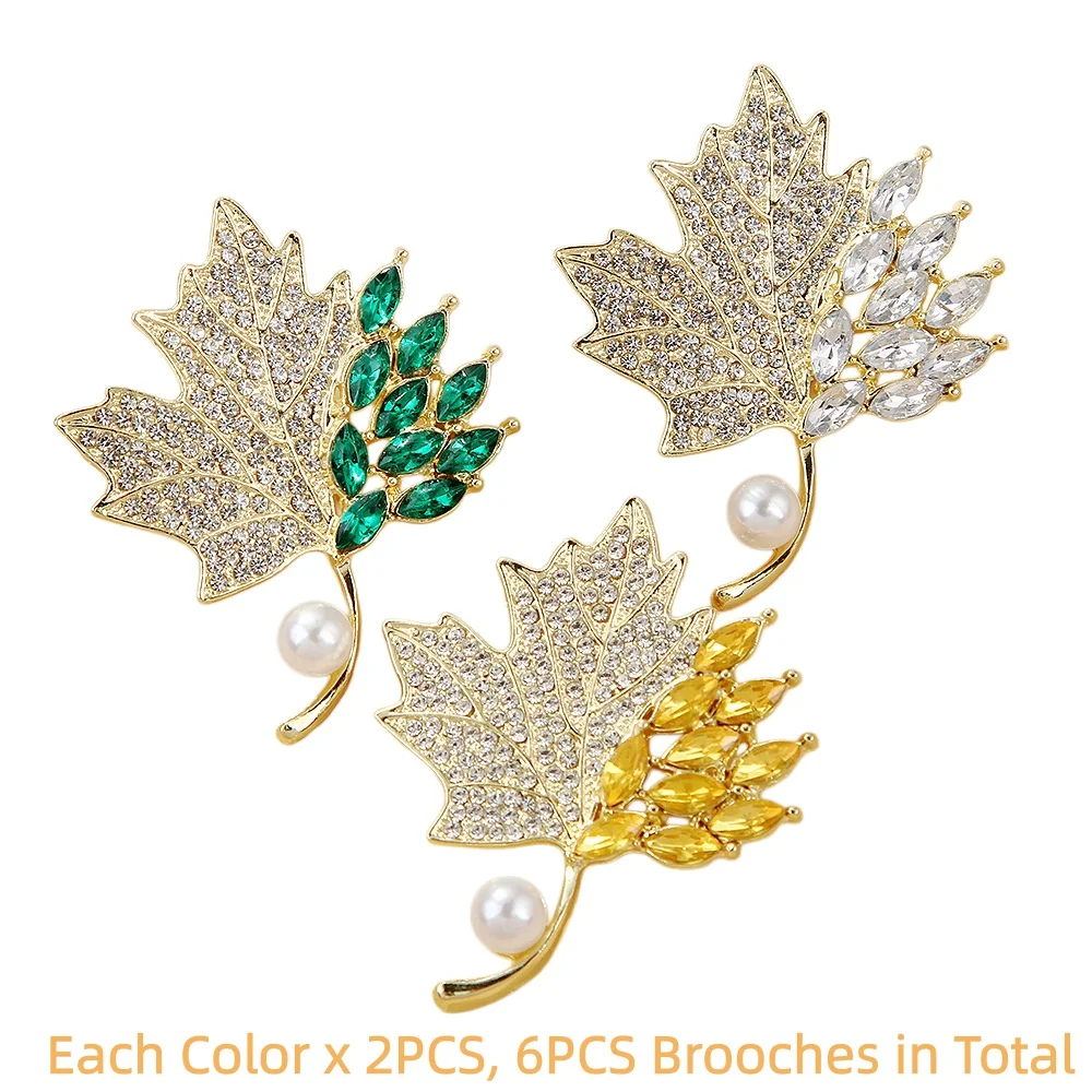 6PCS Mixed Colors Pave Rhinestone Crystal Maple Brooch Pins 57X47mm
