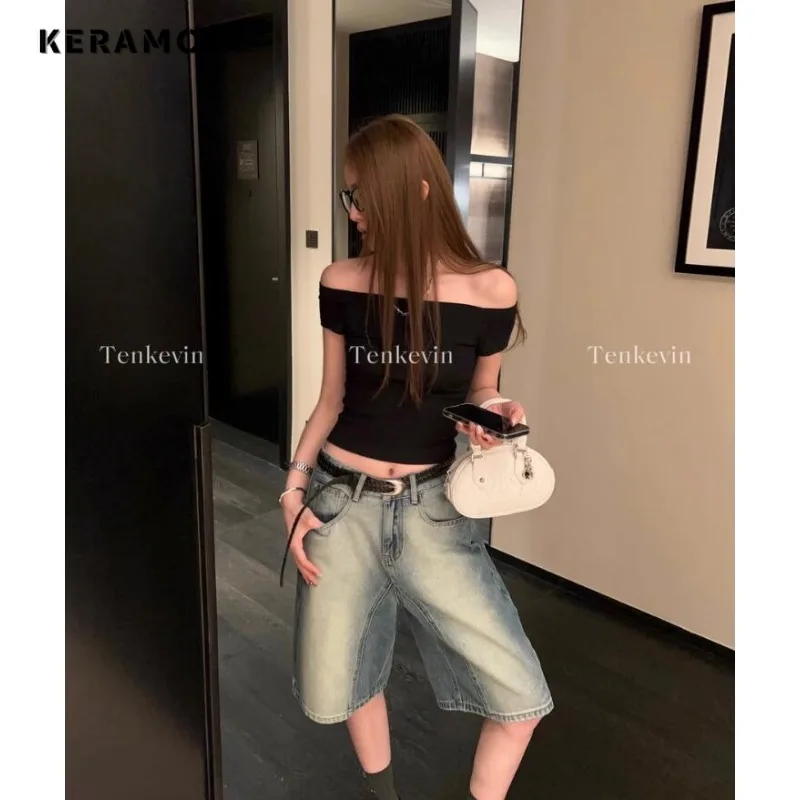 2024 Summer Female Y2K Harajuku High Waist Jean Street Style Baggy Shorts For Women Casual Loose Fit Light Blue Denim Shorts