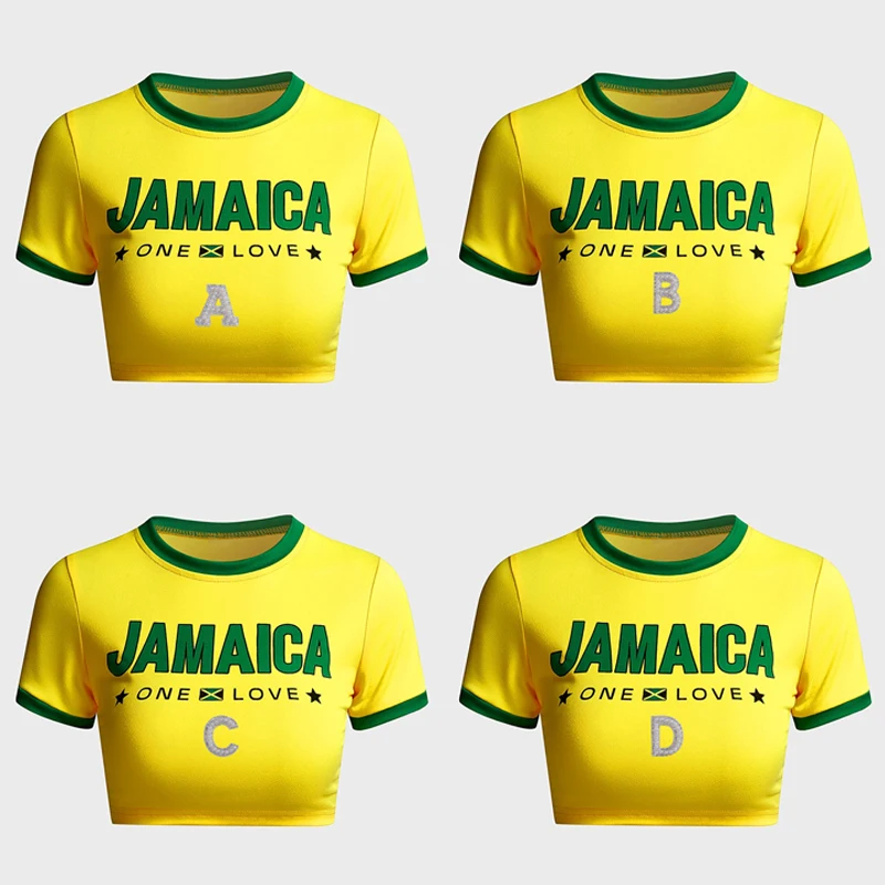 

Women Short Sleeve TShirt Summer Jamaica Pearl Letter Print Slim Fit Casual Shirts Female Pullovers Tee Clothes Street Crop Tops